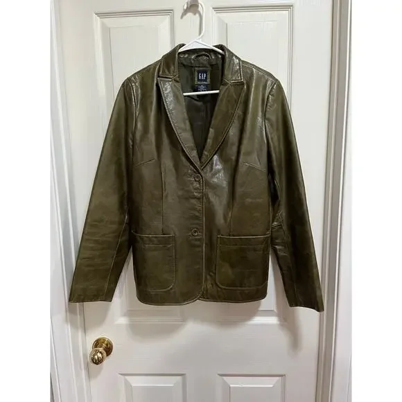 Gap Y2K Leather Blazer Jacket Olive Green Medium - Picture 1 of 9